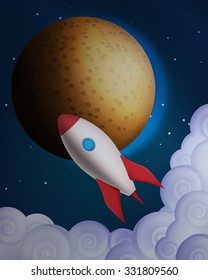 Cartoon rocket in front of the planet