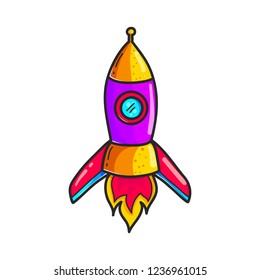 Cartoon rocket hand drawn color icon. Cute space shuttle clipart. Doodle spaceship. Spacecraft sticker. Space exploration. Cosmic illustration. Isolated vector design element