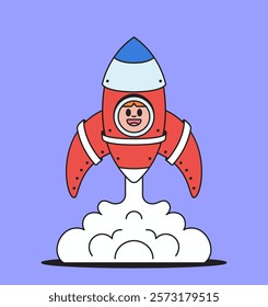 Cartoon rocket with a happy astronaut, designed to symbolize adventure and exploration hand drawn illustration
