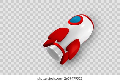 Cartoon Rocket Icon With Red Fins and Blue Window on Transparent Background, 3D Style for Game or App Design, Isolated Object. Vector Illustration.
