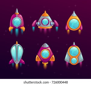 Cartoon rocket icons set. Colorful vector space assets for game design.