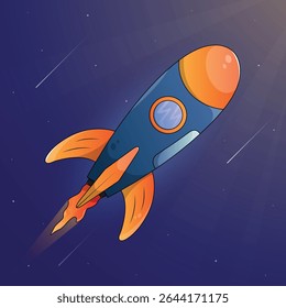 Cartoon rocket illustration with space background.
