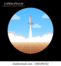 Cartoon rocket launch 1980s retro futuristic style vector illustration