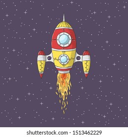 Cartoon rocket launch. Hand drawn vector illustration with separate layers.