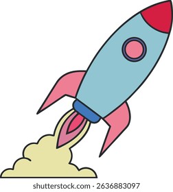 Cartoon rocket launch illustration with smoke trail, symbolizing innovation, space, and creativity. Ideal for tech, startup, or education themes. Vector graphic for digital and print design.