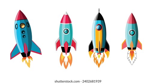 Cartoon-Raketenstart einzeln auf weißem Hintergrund, Vektorgrafik