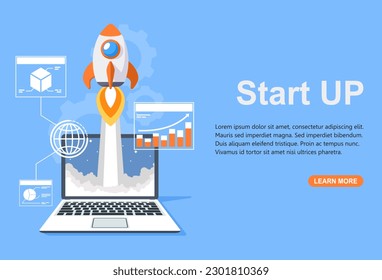 Cartoon Rocket launch from the laptop. Startup concept. Digital marketing boost up. Vector illustration flat design for banner, poster, and background.