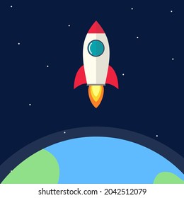 cartoon rocket launch leaving earth. vector illustration