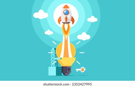 Cartoon Rocket launch from the light bulb with a keyhole. Startup Innovation new idea concept. Digital marketing boost up. Vector illustration flat design for banner, poster, and background.