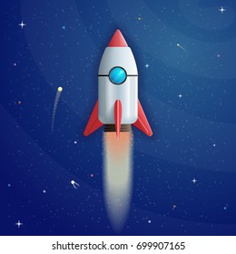 Cartoon rocket launch on space background in 3d style