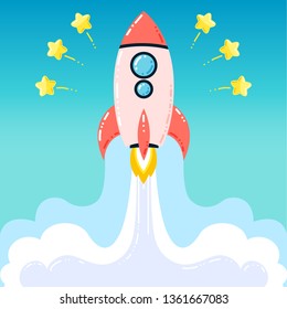Cartoon rocket launch, start up icon, 
