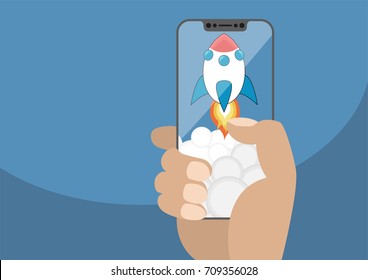 Cartoon rocket launching from frameless touchscreen with smoke. Vector illustration of hand holding modern bezel free smartphone. 