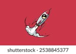 Cartoon rocket launching into space with smoke trail.