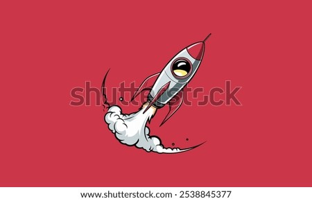 Cartoon rocket launching into space with smoke trail.