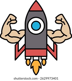 A cartoon rocket with a man's biceps on it. The rocket is red and black and has a blue circle on it. The man's biceps are shown in the background, emphasizing the rocket's power and strength