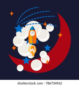 Cartoon rocket and moon in space t shirt design vector.