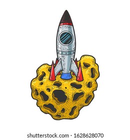 Cartoon rocket on asteroid sketch engraving vector illustration. T-shirt apparel print design. Scratch board imitation. Black and white hand drawn image.
