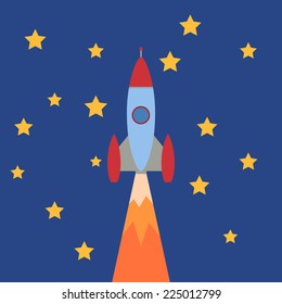 Cartoon Rocket on  blue background with stars. Vector