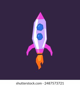 Cartoon rocket on a dark background. The spaceship is flying up. An image of a rocket for space flight. The spacecraft.