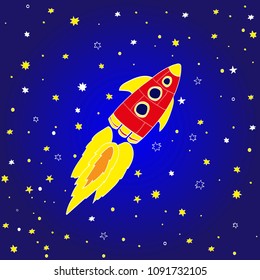 Cartoon rocket on space background, vector illustration.