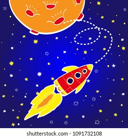 Cartoon rocket on space background, vector illustration.