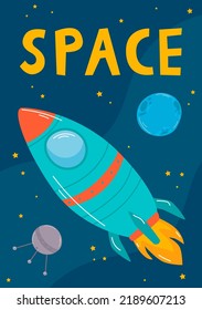 Cartoon rocket on space background, vector illustration. Simple flying spaceship drawing, Rocket go to the moon from earth