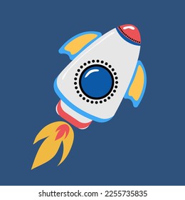 Cartoon rocket on space background, vector illustration. Simple flying spaceship drawing.