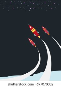 Cartoon rocket on space background, vector illustration. Simple flying spaceship drawing.