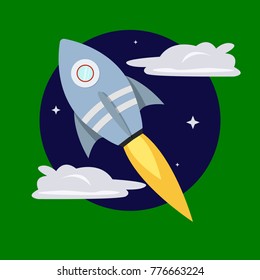 Cartoon rocket on space background, vector illustration.