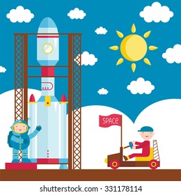 Cartoon Rocket on the start, Cartoon space object, vector rocket.