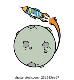 Cartoon rocket orbiting the moon, vibrant colors, playful design, space exploration theme