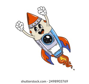 Cartoon rocket retro groovy space character. Isolated vector hippie y2k style spaceship launch into cosmos. Playful rocket with joyful face ready for galaxy adventure and fun of space exploration