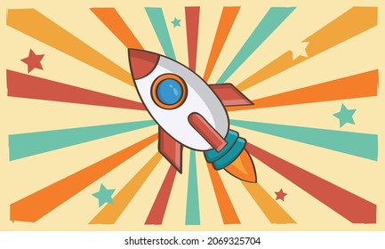 cartoon rocket retro illustration.Old retro vector illustration on sunrays background.retro color.