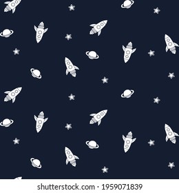 Cartoon Rocket Seamless Vector Pattern Background Isolated On Navy Blue Color.