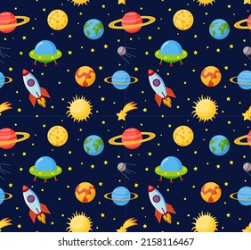 Cartoon Rocket Seamless vector pattern background isolated on navy blue color. eps 10