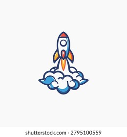 A cartoon rocket ship ascends from a cloud of smoke against a pristine white backdrop. The illustration employs bold lines and vibrant colors, with shades of orange, blue, and red creating a dynamic visual effect. It suggests concepts of growth, aspiration, and reaching new heights, adaptable for various editorial and commercial applications.