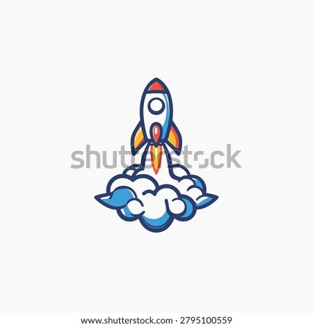 A cartoon rocket ship ascends from a cloud of smoke against a pristine white backdrop. The illustration employs bold lines and vibrant colors, with shades of orange, blue, and red creating a dynamic visual effect. It suggests concepts of growth, aspiration, and reaching new heights, adaptable for various editorial and commercial applications.