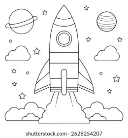 Cartoon foguete navio explodindo para o espaço com estrelas e planetas em uma ilustração vetor página coloração brincalhão