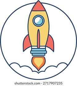 cartoon rocket ship blasting off into the sky with flames and smoke space exploration