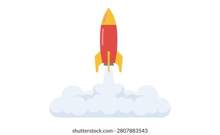 Cartoon rocket ship blasting off from earth into space leaving a large white cloud of smoke and bright yellow flames during its rapid ascent.