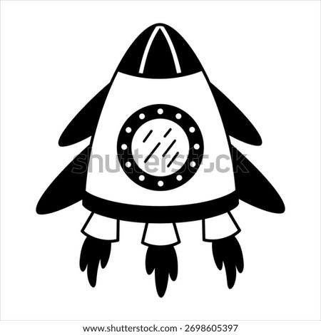 Cartoon rocket ship clipart, isolated black and white space transport doodle for kids cosmos design. Vector illustration.