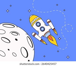 Cartoon rocket ship flying past a cratered moon in deep space with stars and a dashed trail line. Fun and playful space travel illustration for kids and education themes hand drawn vector