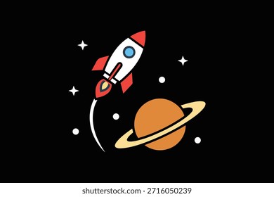Cohete de dibujos animados de la nave que vuela más allá del planeta Saturno - Vector de exploración espacial con la nave espacial y las estrellas