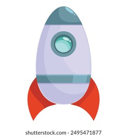 Cartoon rocket ship is flying through space with red flames coming out of its base