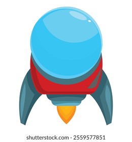 Cartoon rocket ship is flying through the air with fire trailing from its engine