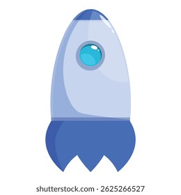 Cartoon rocket ship flying through space with blue flames