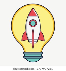 Cohete de dibujos animados dentro de una bombilla brillante Concepto de idea creativa