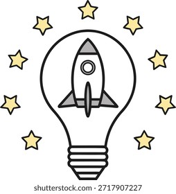 Cohete de dibujos animados dentro de una bombilla con estrellas alrededor del concepto de idea creativa