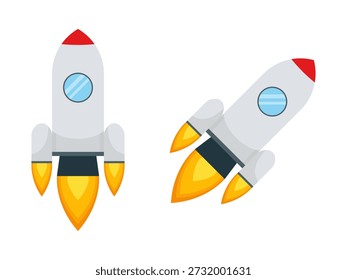 Lanzamiento de la nave cohete de dibujos animados sobre fondo blanco. Ilustración vectorial plana de naves espaciales para startups, innovación, crecimiento, escalado rápido y metáforas visuales