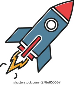 A cartoon rocket ship is launching with flames coming from the bottom. The rocket is blue with a red nose cone and red accents.